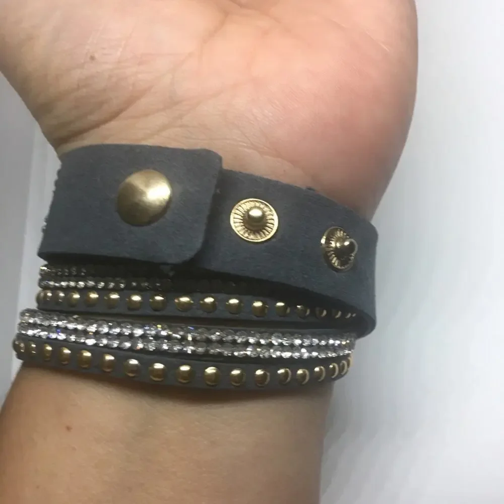 Mix Stud Slit Layer Wrap Bracelet - Charcoal